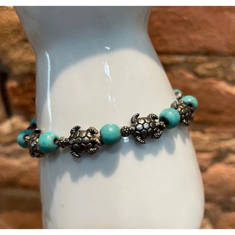 Turtle Stretch Bracelet Silver Tone with Turquoise Beads